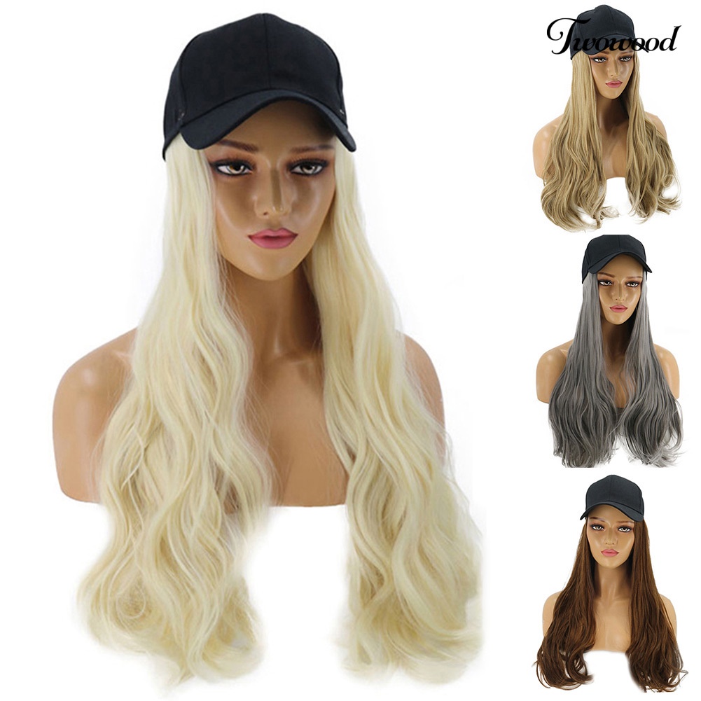 Twowood Wanita Gadis Keriting Panjang Wig Rambut Palsu Sintetis Hair Extension Dengan Topi Baseball