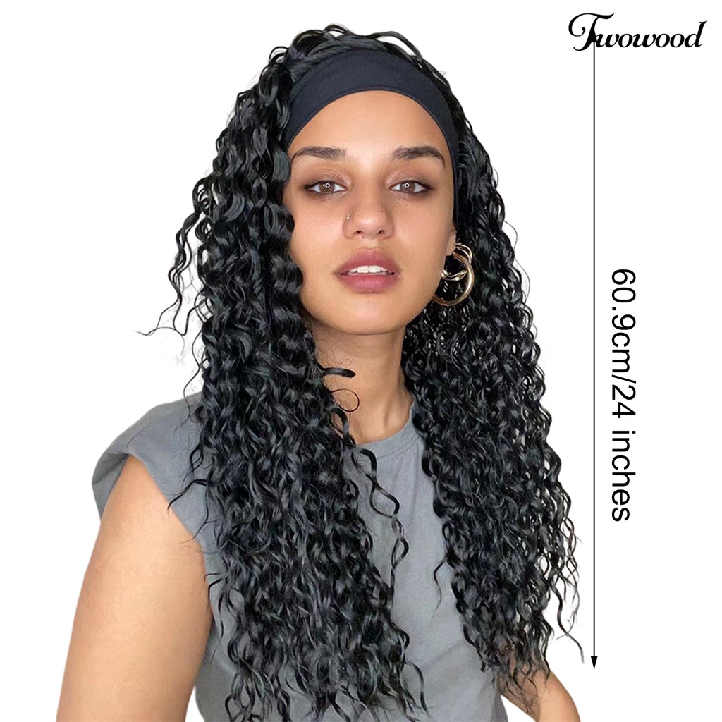 Twowood 24-Inch Wanita Wig Berbulu Tidak Menumpahkan Non-Tangle Ringan Tahan Sobek Gaya Rambut Dekorasi Warna Hitam Air Keriting Bando Rambut Manusia Wig Untuk Club