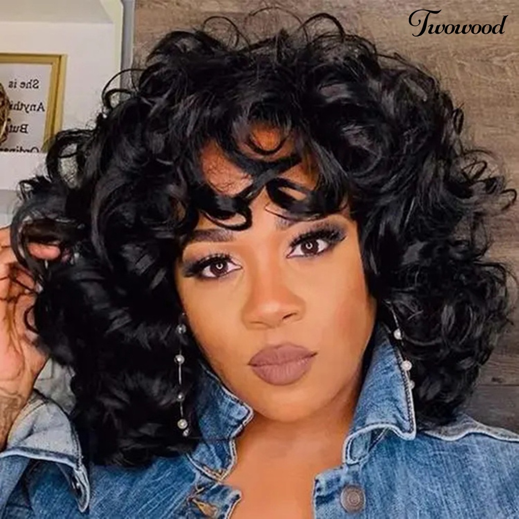 Twowood Curly Hair Wig Fashion Mudah Dipakai Berbulu Trendi Kosmetik Sehat Aksesori Suhu Tinggi Sutra Poni Panjang Keriting Wanita Wig Untuk Kehidupan Sehari-Hari