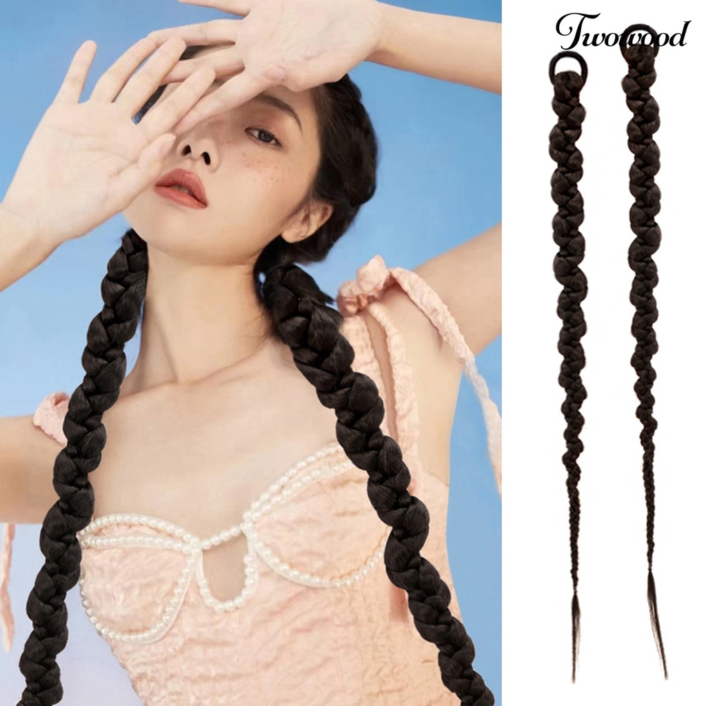 Twowood Wanita Wig Realistis Halus Lembut Alami Peregangan Tinggi Hairband Styling Rambut Meningkatkan-Volume Rambut Tinju Panjang Kepang Kuncir Hitam Wig Gadis Pasokan