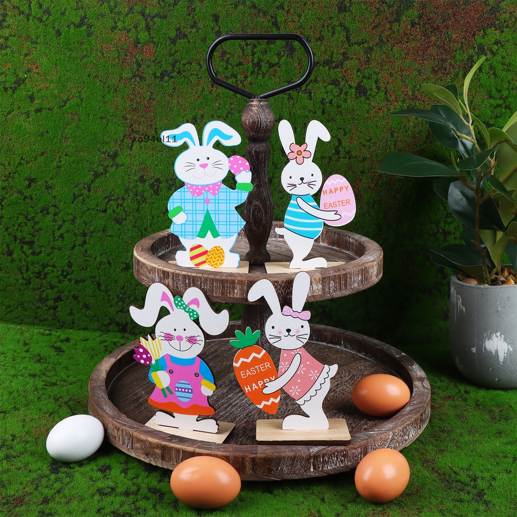 Xo Easter Wood Bunny Tabletop Ornaments Decor 4PCS Table Sign Dekorasi Indoor Outdoor OL