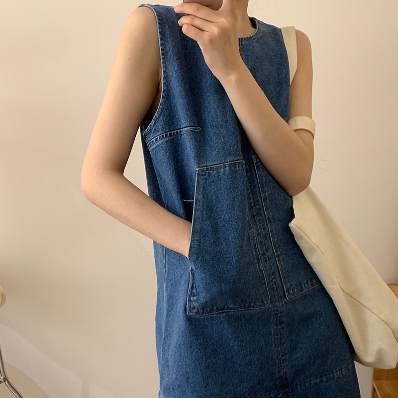 FW23-09603 Terusan Wanita. Women's Fashion Loose Simple Denim Vest Dress