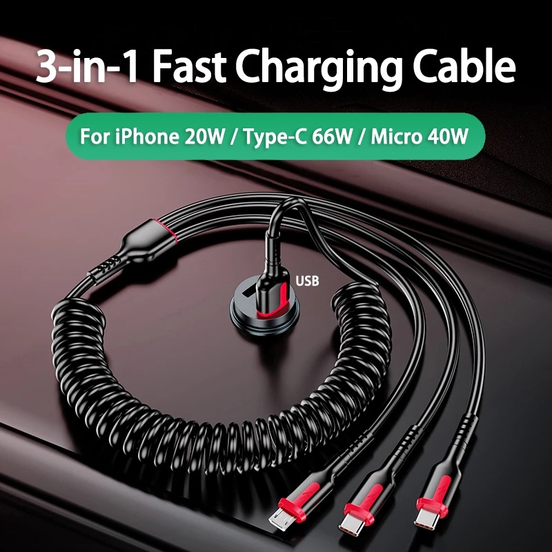 3in1 66W 6A Spring Silicone Fast Charging Type C Micro USB Kabel Data Stretchable/Kabel Data Multifungsi Extendable Adjustable/Untuk iPhone Android Kabel Charger Tahan Lama