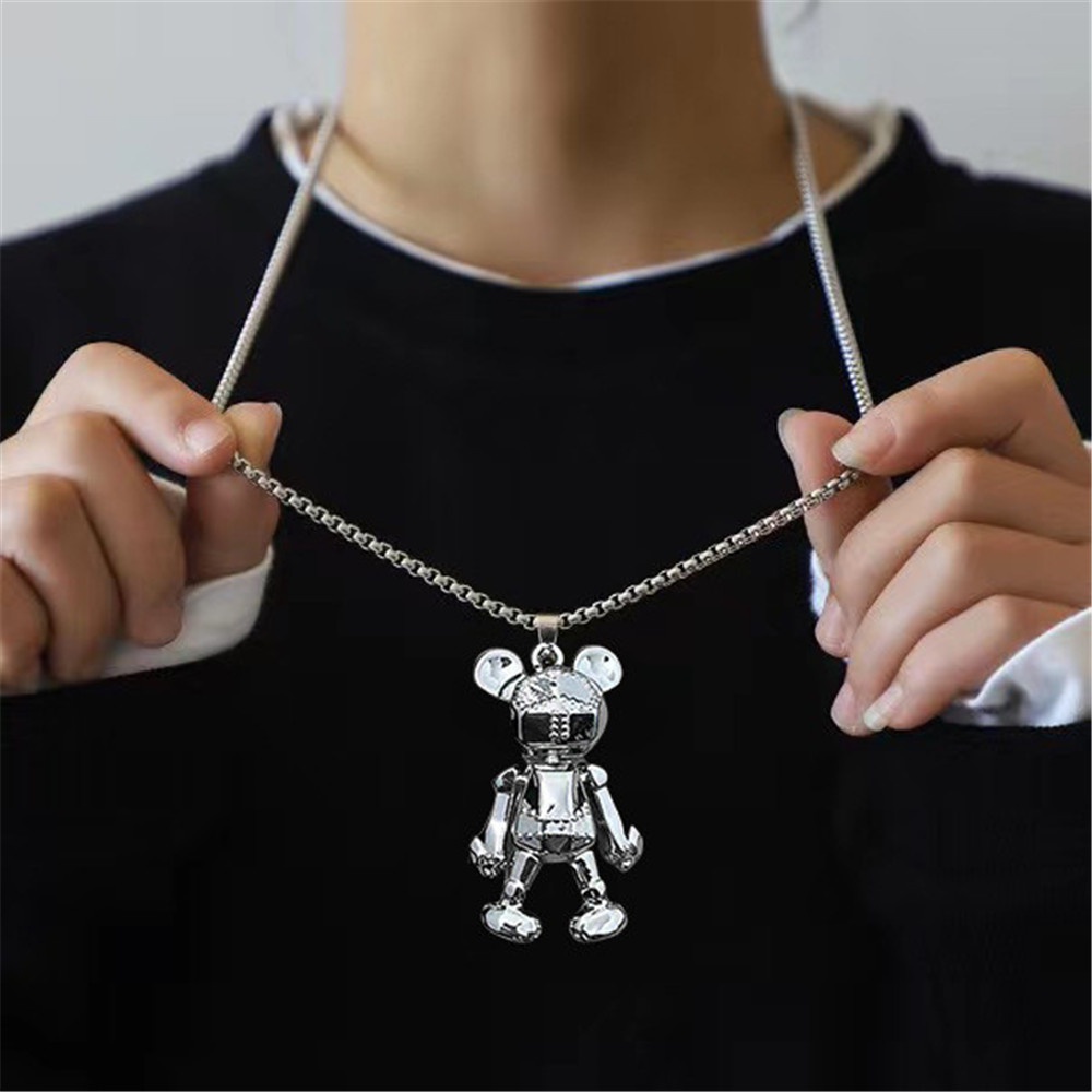 Lucu Penuh Berlian Beruang Kecil Kalung Baja Titanium Bounce Di Hip Hop Kepribadian Panjang Sweater Rantai Liontin Perhiasan Gadis Seksi