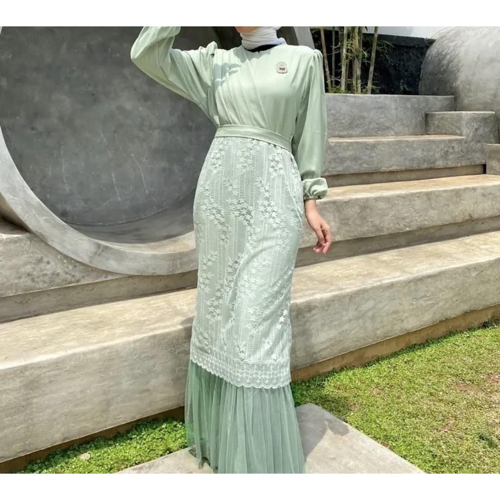Gamis maxi brokat kombinasi tile dan furing Antika / Fashion muslimah terbaru Vintage