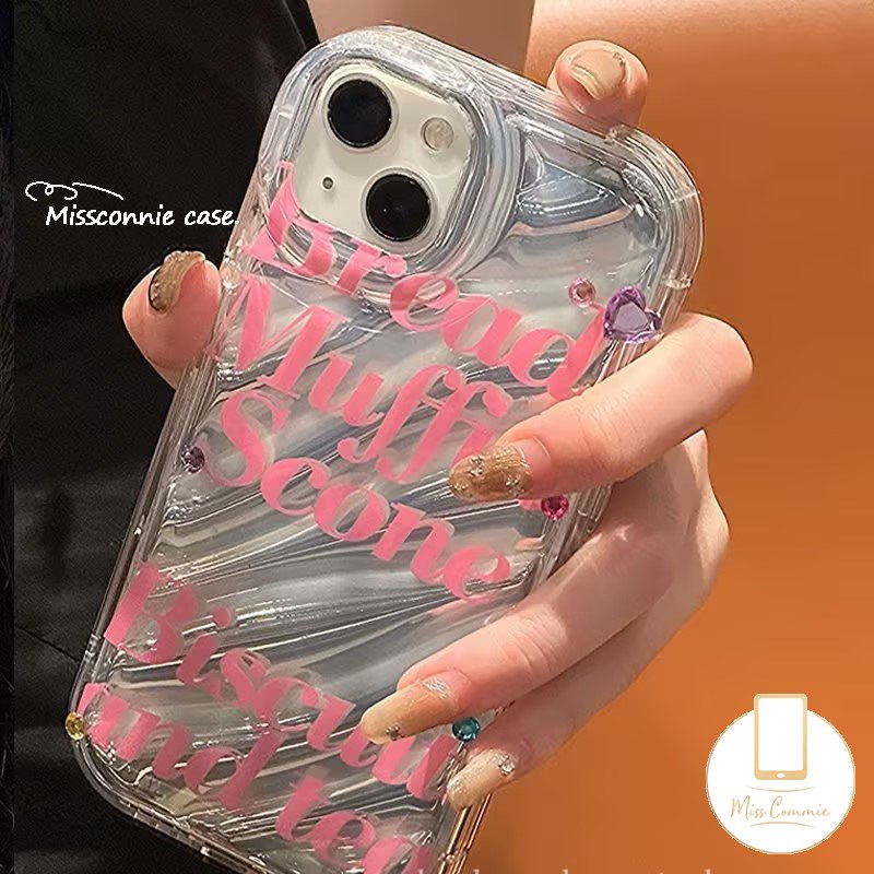 IPHONE Casing Bening Kartu Laser Alfabet Inggris Simple Pink Kompatibel Untuk Iphone11 13 14 12 Pro MAX 7Plus 6 6S 7 8 Plus XR X XS MAX 8Plus SE 2020lembut Tpu Mewah 3D Bergelombang Melengkung Cover