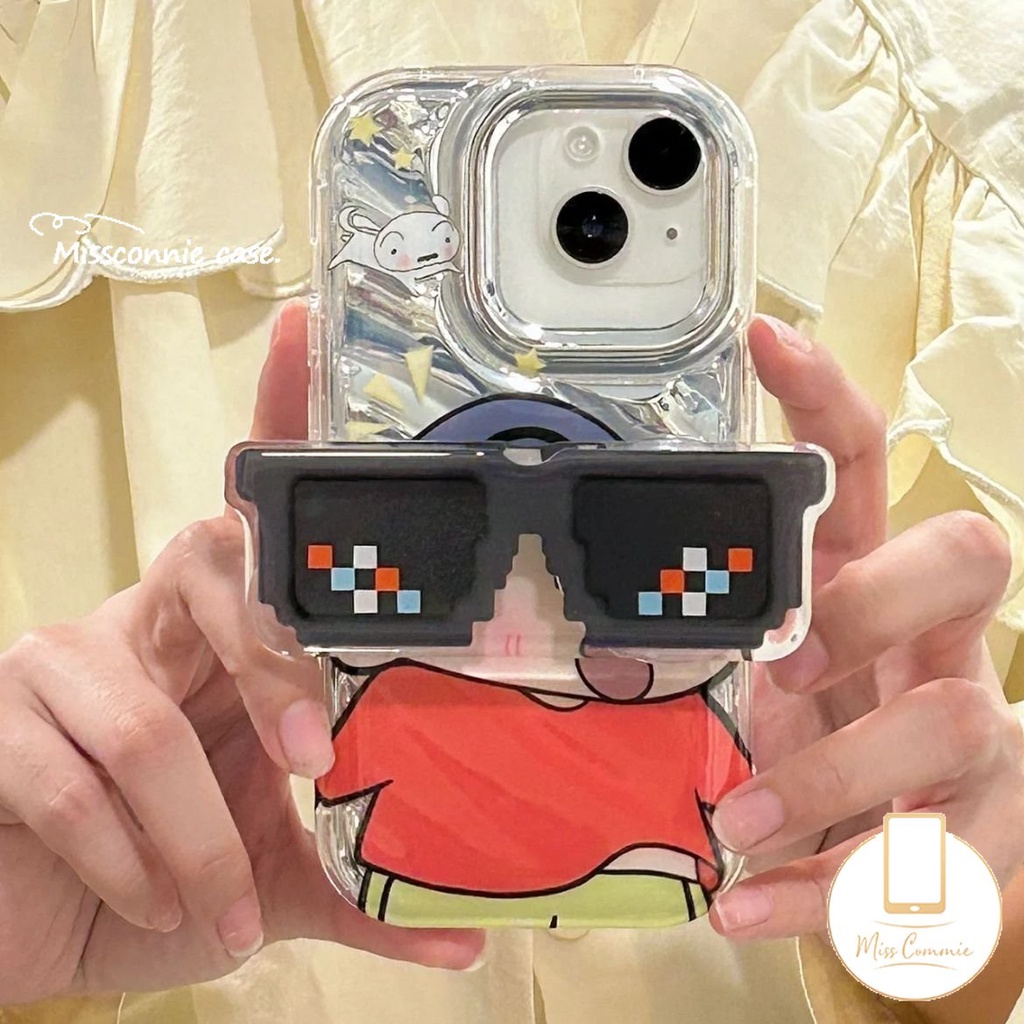 IPHONE Keren Memakai Sunglasse Crayon Shin-chan Kartu Laser Casing Bening Kompatibel Untuk Iphone11Xr12 13 14 Pro Max7 8 Plus 6 6S 7 8 Plus X XS MAX SE 2020lembut 3D Bergelombang Melengkung Sarung Mewah