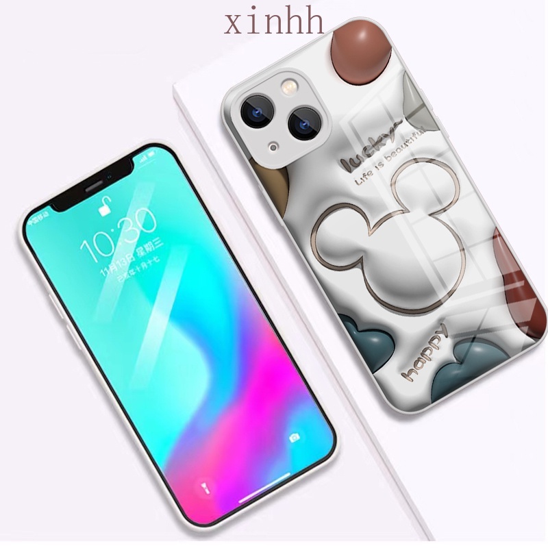 IPHONE Casing Kaca Datar 3D Cocok Untuk Iphone14 13 12 11 Pro Max Cat Metalik Motif Kartun Mickey Casing Pelindung