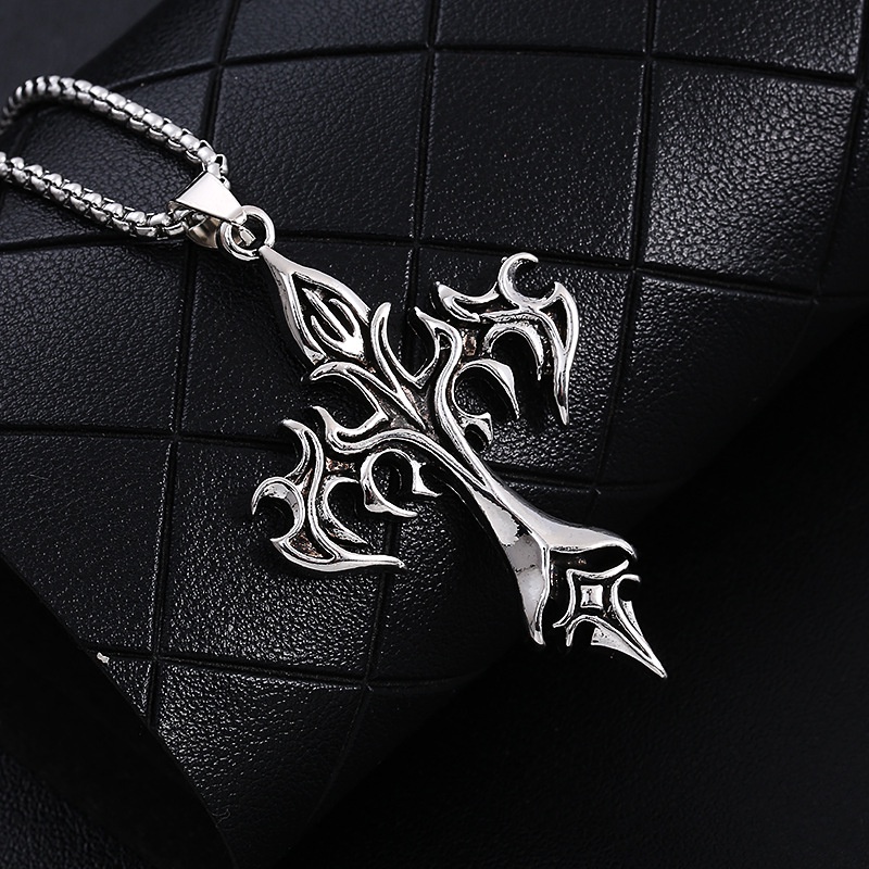 Fashion Vintage Flame Cross Pendant Kalung Untuk Wanita Pria Rantai Panjang Punk Goth Trendi Aksesoris Choker Gothic Perhiasan