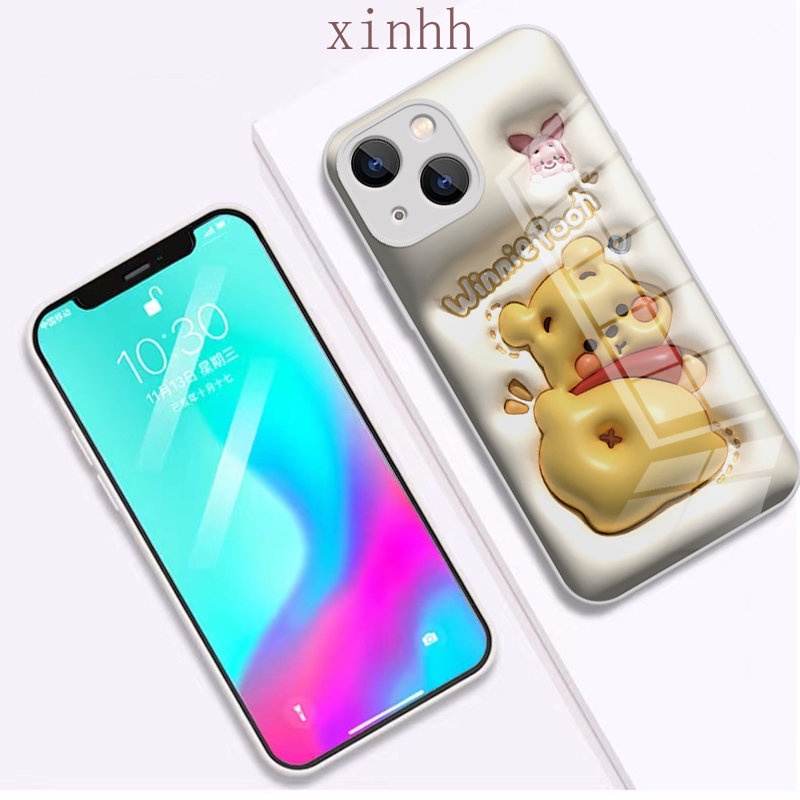 IPHONE Casing Hard Kaca Winnie Bear Datar 3D Cocok Untuk Iphone14 13 12 11 Pro Max Cat Metalik Motif Kartun Kartun Casing Pelindung