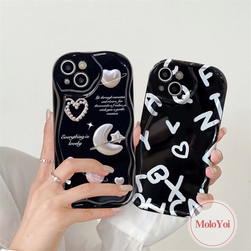 Case Alfabet Cinta Hati Bulan Romantis Kompatibel Untuk IPhone 7Plus XR X XS Max 6 6s 7 8 Plus 8plus11 12 13 14 Pro Max SE 2020 3D Wavy Curved Edge Cover