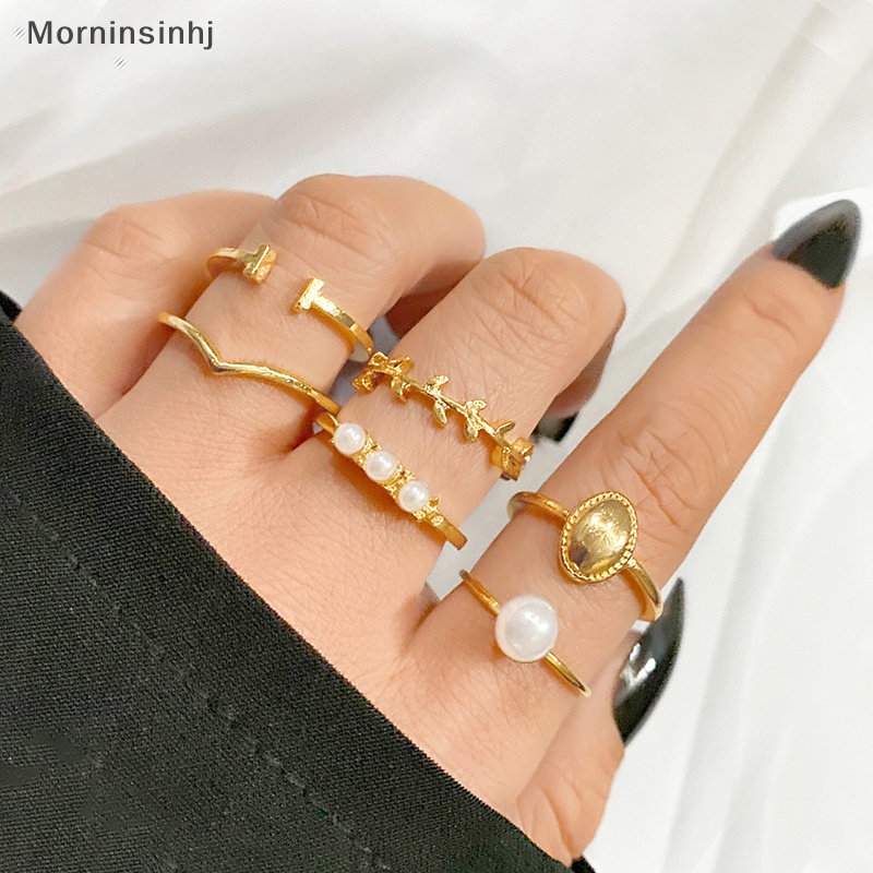 Mornin 6Pcs /Set Bohemian Midi Knuckle Ring Set Untuk Wanita Mutiara Imitasi Geometris Jari Rings Vintage Jewelry id