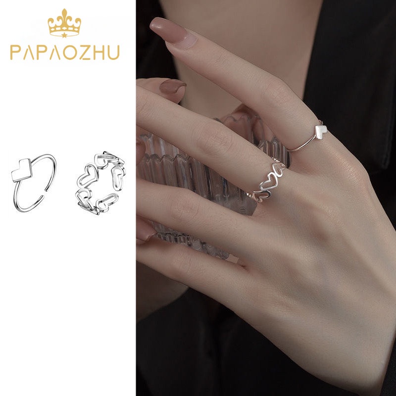 Papaozhu 2PCs Korea Perak Berongga Hati Ke Hati Cincin Set Untuk Wanita Adjustable Geometris Jari Manset Perhiasan