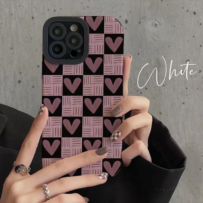 All New Checkered Pink Heart Leather Soft Case IPhone 7 Plus 8 Plus X XS XR XS Max 11 13 12 14 PRO Max 14 Plus SE Mini Phone Case Girl Girl Women's Fashion Pretty Case