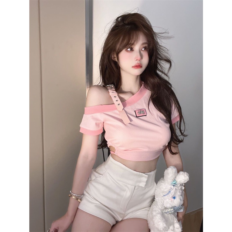 Atasan Wanita Summer Off Shoulder Yang Manis Lengan Pendek Casual Crop Top