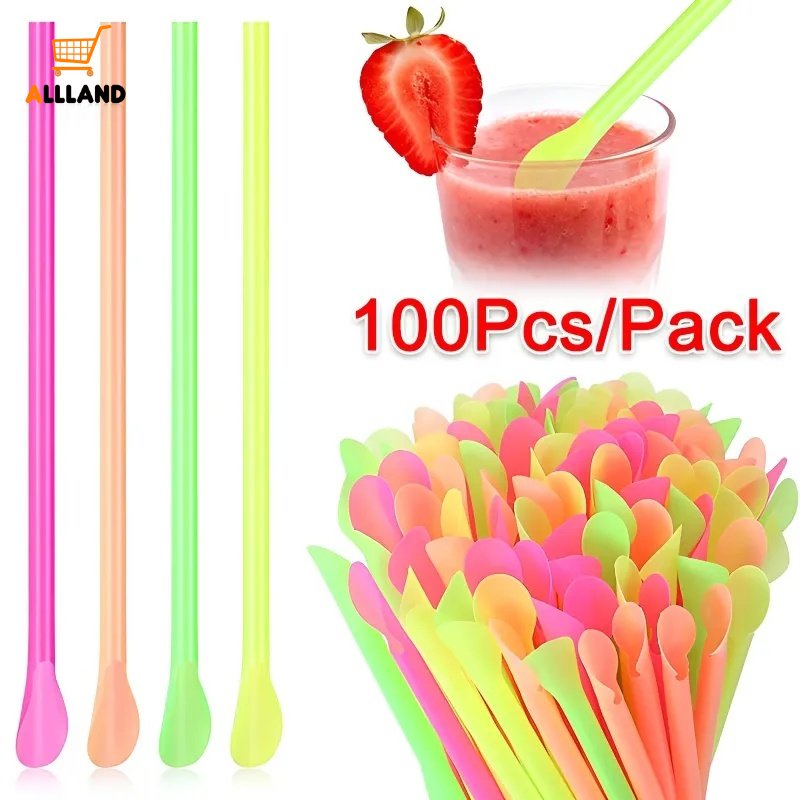 Sedotan Sendok Plastik Warna Warni 100Pcs/Milkshake Smoothie Drinking Drinks Straw/Aksesoris Minuman Hajatan Pesta Ulang Tahun