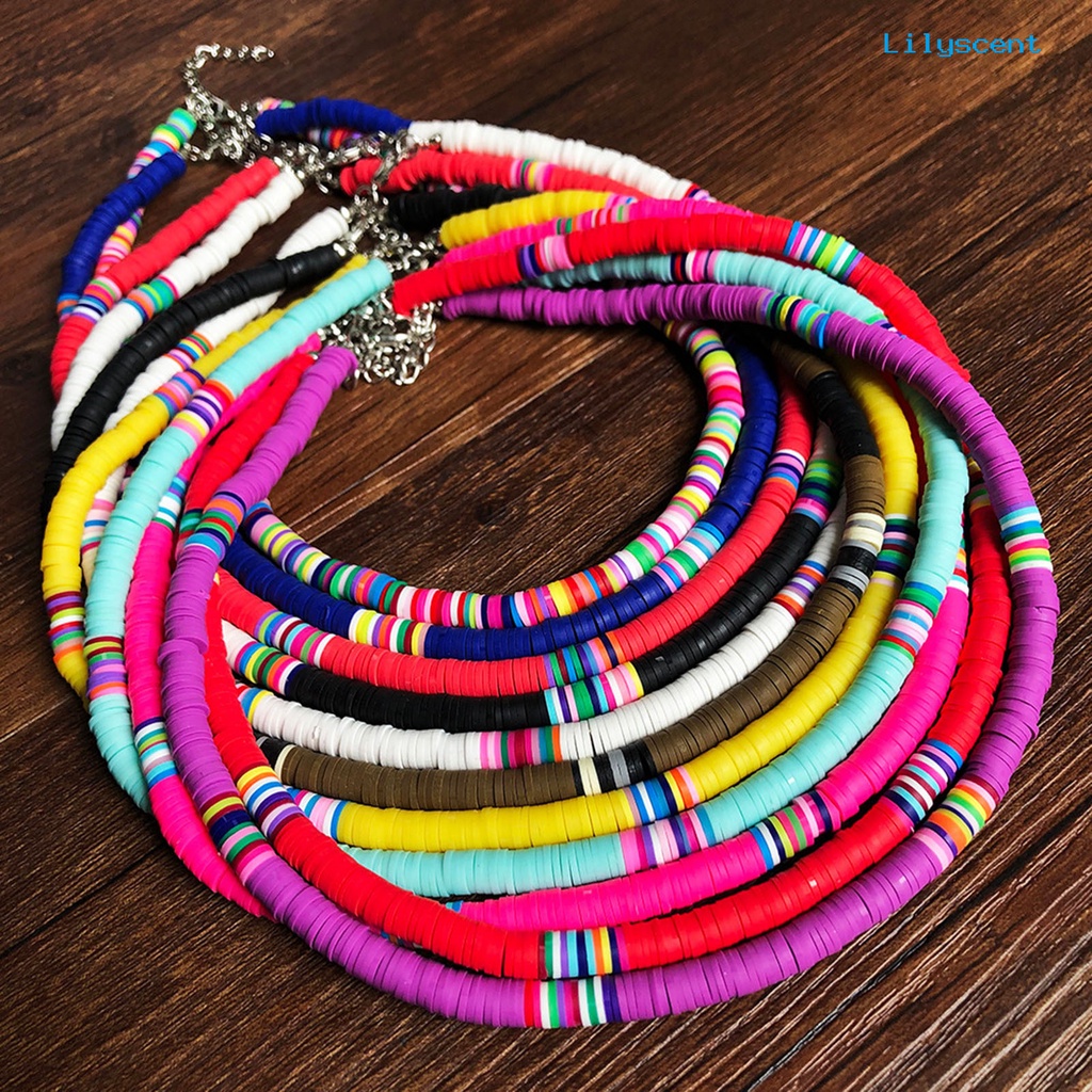 [LS]Kalung Wanita Manik-Manik Warna-Warni Bohemian Polymer Clay Stackable Tahan Lama Kalung Kerah Untuk Pesta