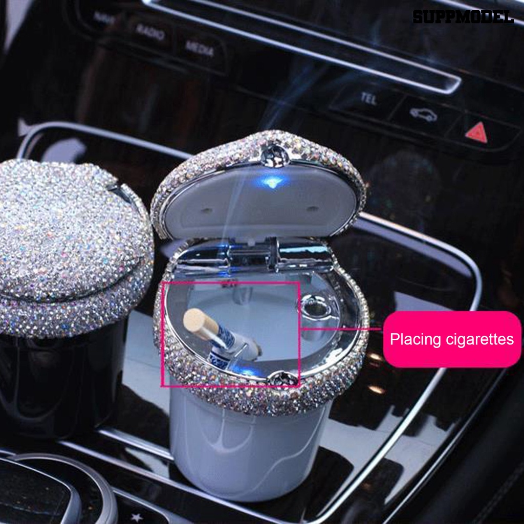 [SM] Car Ash Tray with Lid LED Blue Light Odor Proof less Mini Rhinestone Tanam Tempat Tong Sampah Otomatis Aksesoris Interior Mobil