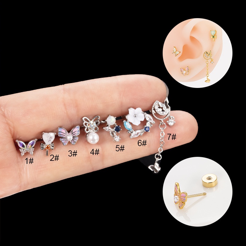 1biji 20G Zirkon Warna-Warni Kupu-Kupu Bunga Stainless Steel Tulang Rawan Helix Tragus Keong Rook Lobek Sekrup Belakang Anting Stud