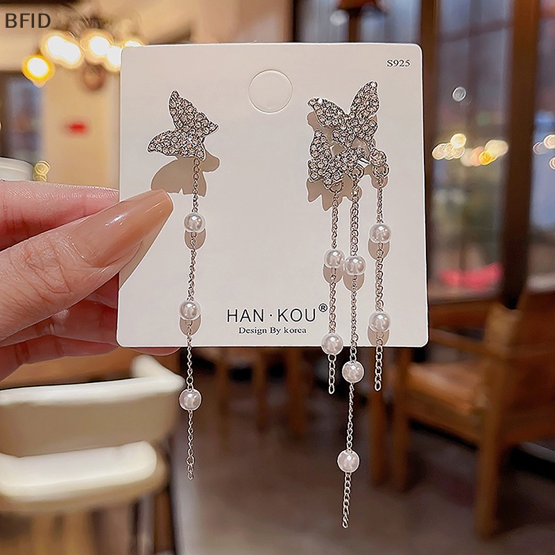 [BFID] 1pasang Anting Rumbai Mutiara Kupu-Kupu Warna Silver Temperamen Zirkon Asimetris Pendant Earring Untuk Wanita Perhiasan Gaya Korea [ID]