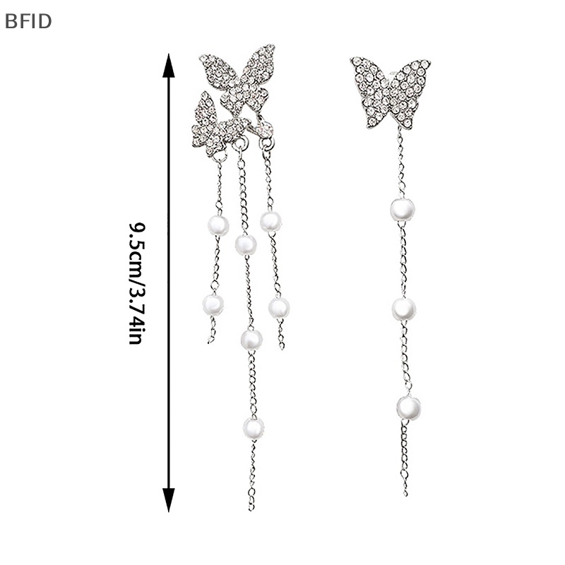 [BFID] 1pasang Anting Rumbai Mutiara Kupu-Kupu Warna Silver Temperamen Zirkon Asimetris Pendant Earring Untuk Wanita Perhiasan Gaya Korea [ID]