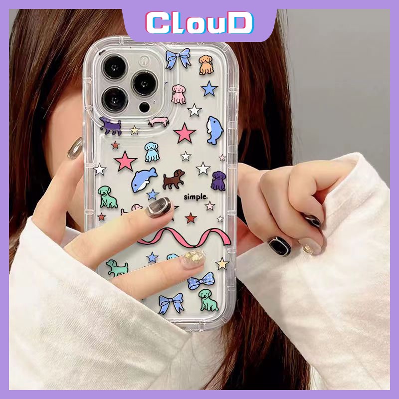 IPHONE Fashion Transparan Garis Lucu Emote Shockproof Airbag Case Kompatibel Untuk Iphone13 11 12 14 Pro MAX 7 6 8 6S Plus XS MAX XR X Kartun Hewan Paus Bintang Puppy Doodle Soft Cover