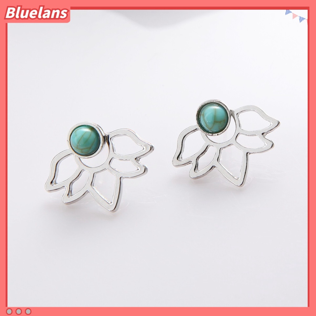[BLS] Eropa Dan Amerika retro turquoise lotus petal Berongga Daun Anting earrings