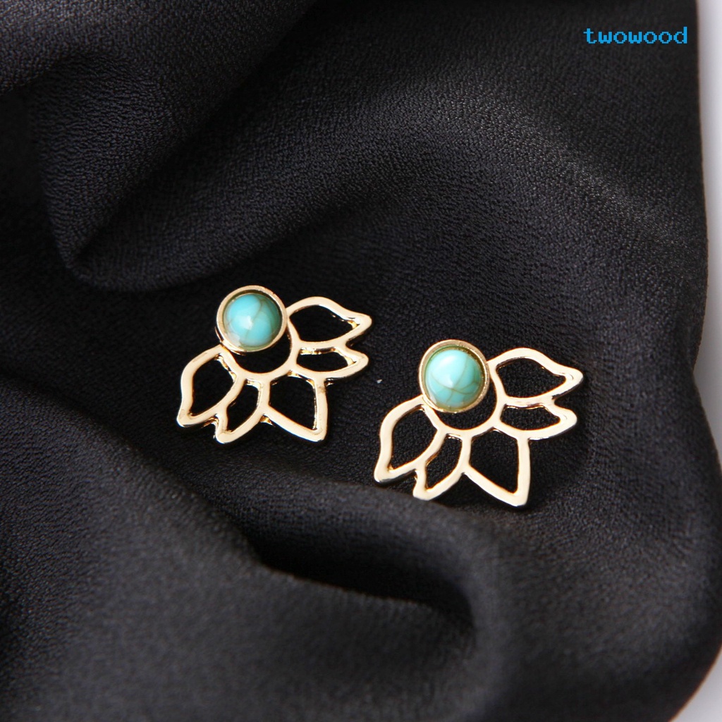 Twowood Eropa Dan Amerika retro turquoise lotus petal Berongga Daun Anting Anting