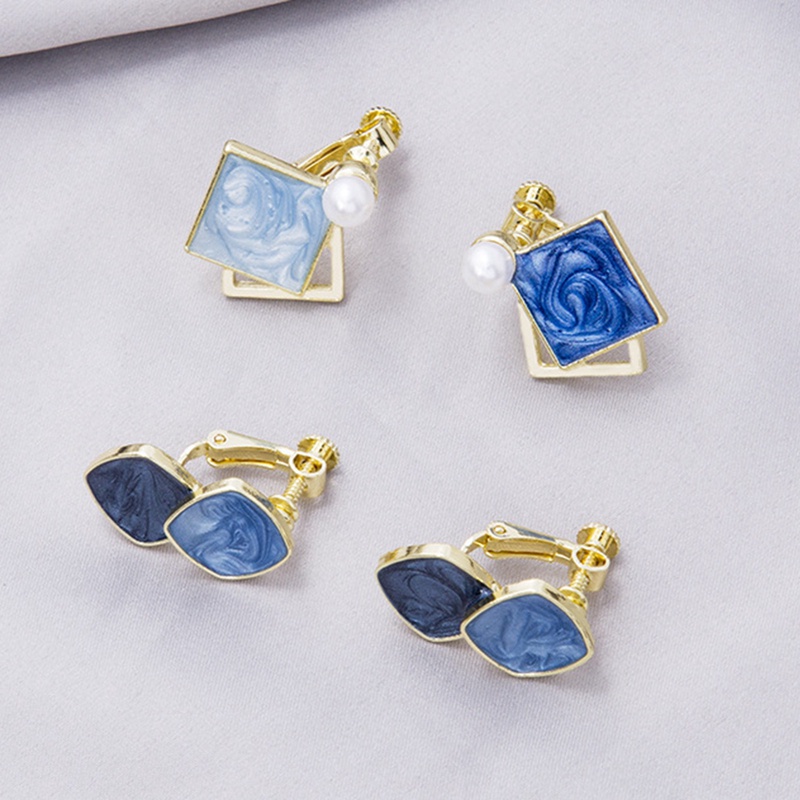 Anting Klip On Geometris Biru Korea Untuk Wanita Statement Round Square Earrings Fashion Brincos Ear Clips Jewelry