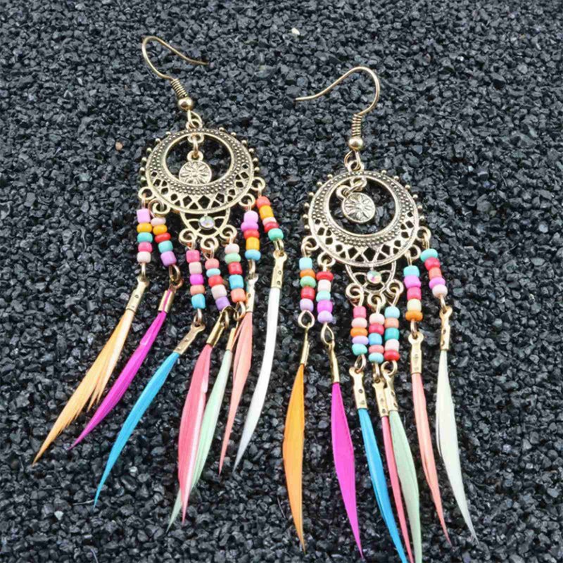 Bohemian Anting Rumbai Untuk Wanita Menjuntai Anting Panjang Bulu Boho Drop Earrings Biji Manik Perhiasan Vintage