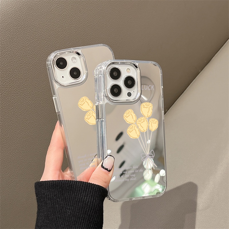 IPHONE Lucky Yellow Rose Mirror Phone Case Kompatibel Untuk Iphone11 12 13 14 12Pro 13Pro 14Pro Pro Max XR X XS Max Electroplating Tombol Perlindungan Mirror Cover