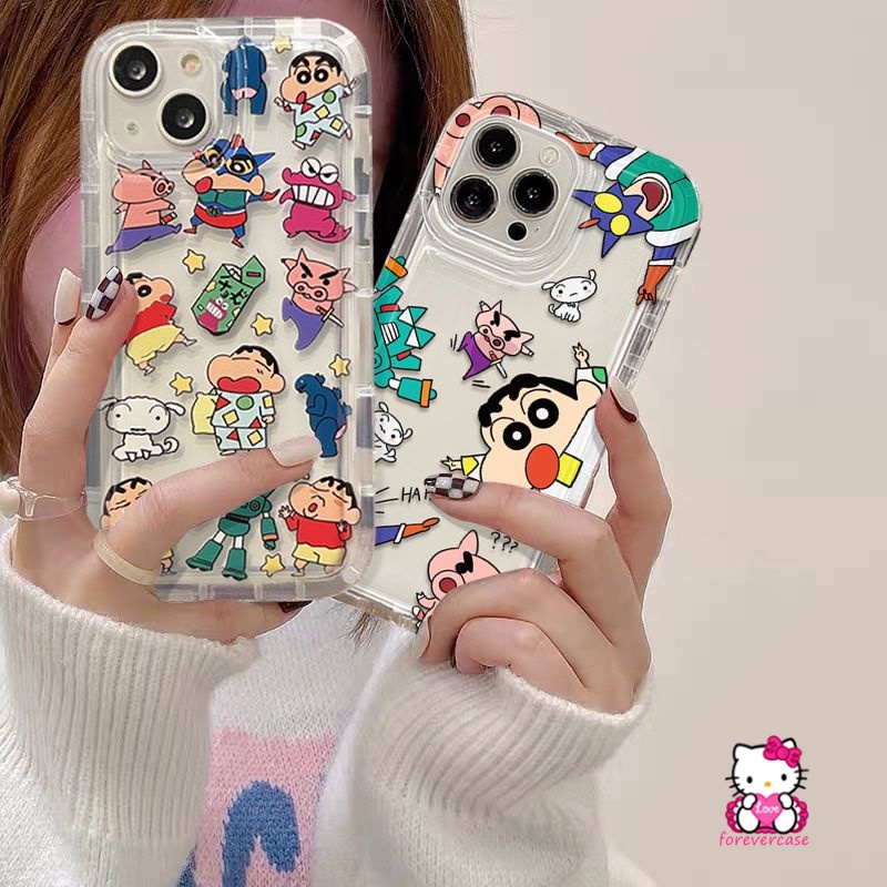 IPHONE Ins Korea Graffiti Ilustrasi Lucu Funny Crayon Shin-chan Soft Case Kompatibel Untuk Iphone11 14 13 12 Pro MAX XR X XS Max7 6 8 6S Plus Kartun Pasangan Airbag Shockproof Case