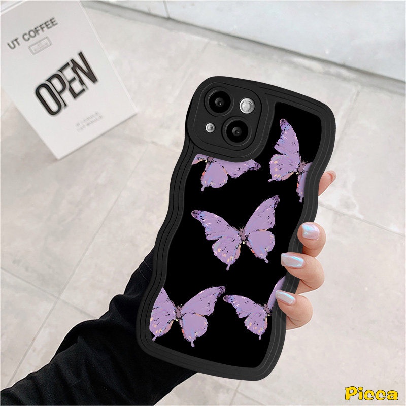 Ins Fashion Fantasy Butterfly Wavy Edge Phone Casing Untuk IPhone 7Plus 11 13 11 12 14 Pro Max XR 6s 8 6 7 Plus X XS Max SE 2020retro Flower Iove Letter Label Soft Back Cover