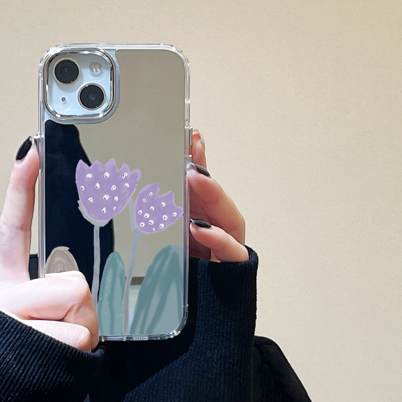 IPHONE Casing Ponsel Cermin Bunga Purper Kompatibel Untuk Iphone11 12 13 14 12Pro 13Pro 14Pro Pro Max XR X XS Max Electroplating Tombol Perlindungan Mirror Cover