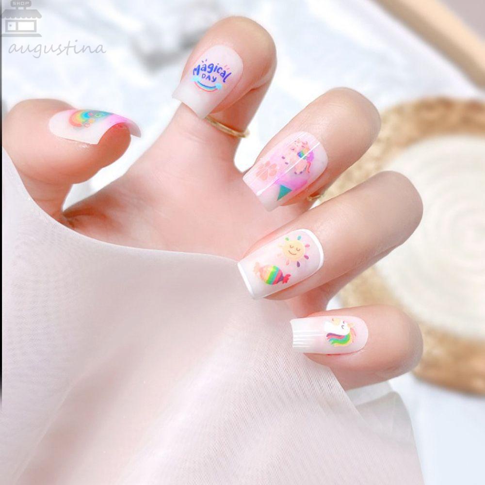 AUGUSTINA Agustina Stiker Kuku Huruf Gadis Bunga Pelangi Burung Kartun DIY Nail Decals