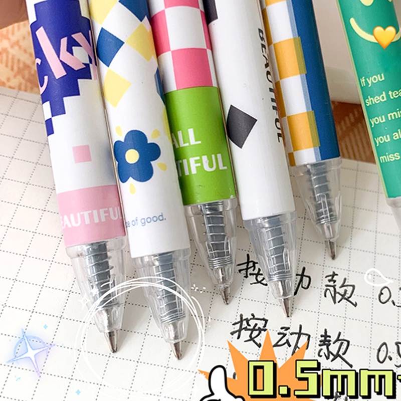 6pcs 0.5mm Kartun Yang Indah Kotak-Kotak Seri Ditarik Gel Pena Ujian Tinta Hitam Peluru Pena Ballpoint Pena