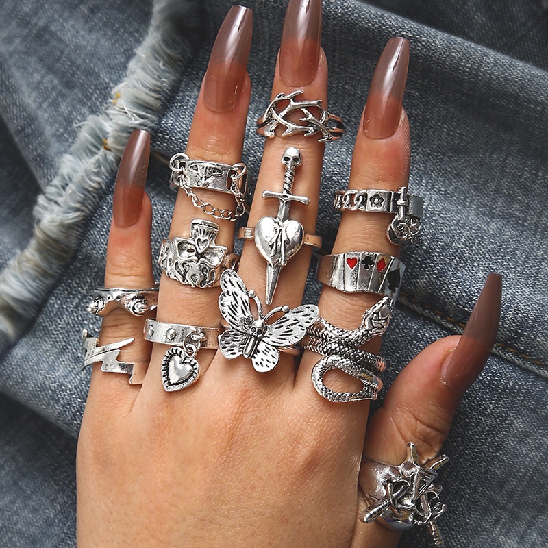 Goth Fashion Berlebihan Tengkorak Pedang Cincin Gaya Punk Ular Kupu-Kupu Katak Hewan Kartu Poker Rings Set Perhiasan Hadiah Pesta