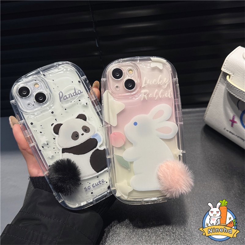 Cute Plush Tail Panda Rabbit iPhone Case Kompatibel Untuk Iphone14 13 12 11 Pro Max X Xr Xs Max 8 7 6 6s Plus SE2020 Bening Tebal Airbag Phone Case Silikon Shockproof Back Cover