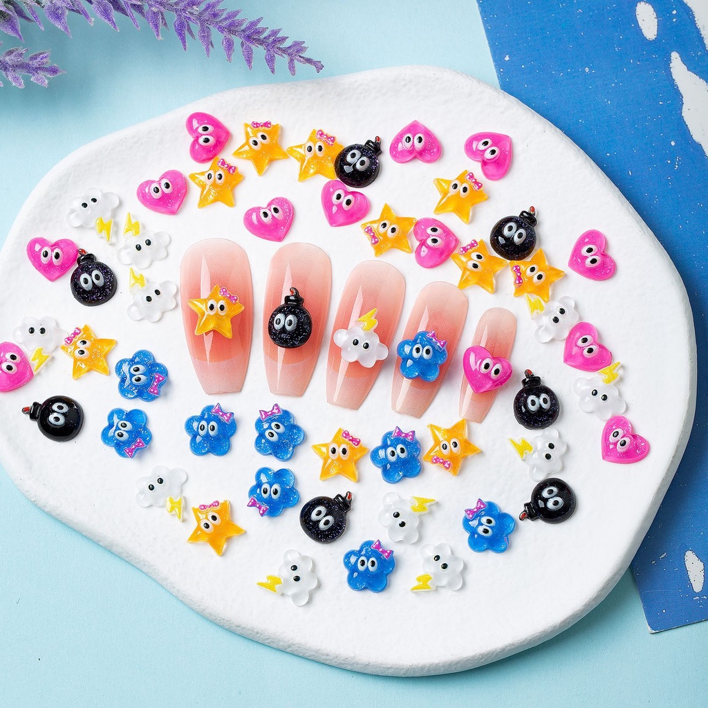 [Fitur] 10 /50 Pcs/Bag Kartun Dekorasi Kuku/Ornamen Kuku Stereo Cinta Bintang Mini/Resin Awan Nail Art/DIY Manicure Accessories/Bor Kuku Bola Bara/Bagian Perhiasan