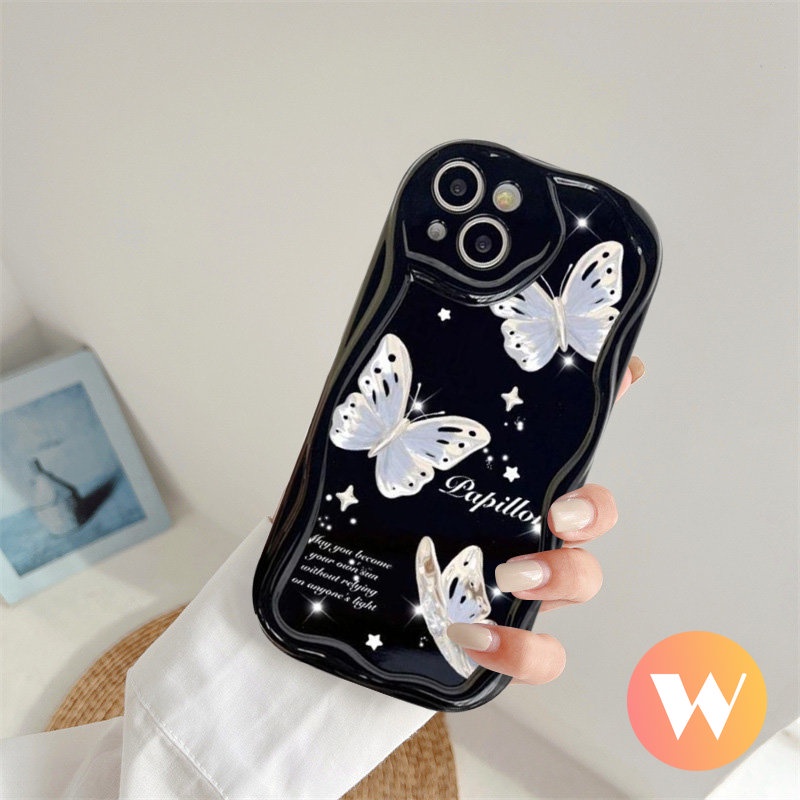 Casing Ponsel 3D Wavy Curved Edge Kompatibel Untuk IPhone 13 12 14 11 Pro MAX 6S 7 6 8 Plus Se2020 7Plus XR XS X MAX INS Korea Glitter Fantasy Retro Lucu Indah Butterfly Case