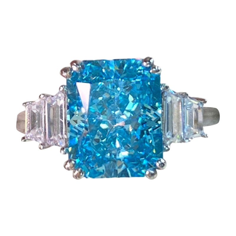 Trendy Aquamarine Warna Perak Cincin Untuk Wanita Kawin Tunangan Blue Sapphire Ring