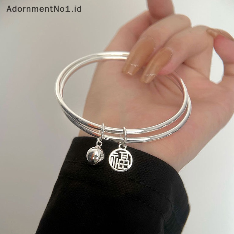 [AdornmentNo1] Fashion Fu karakter gelang cincin ganda dengan Bell Ins gaya keberuntungan gaya korea Bangle untuk wanita gadis pesona perhiasan hadiah