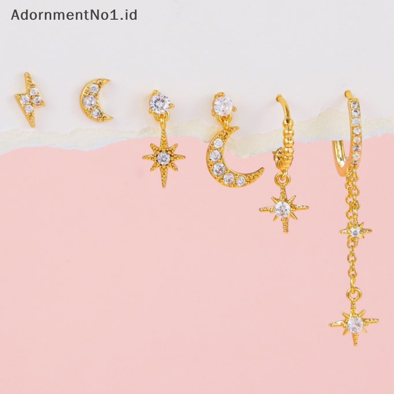 [AdornmentNo1] 6pcs campuran Zircon kristal bulan bintang Set anting Stud untuk wanita perhiasan warna emas