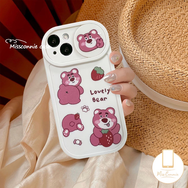 Creative Push Pull Window Camera Lens Protector Case Compatible for IPhone 11 XR 11 13 12 11 Pro Max 7Plus 8Plus X XS Max Cartoon Lovely Strawberry Bear Lotso Cover