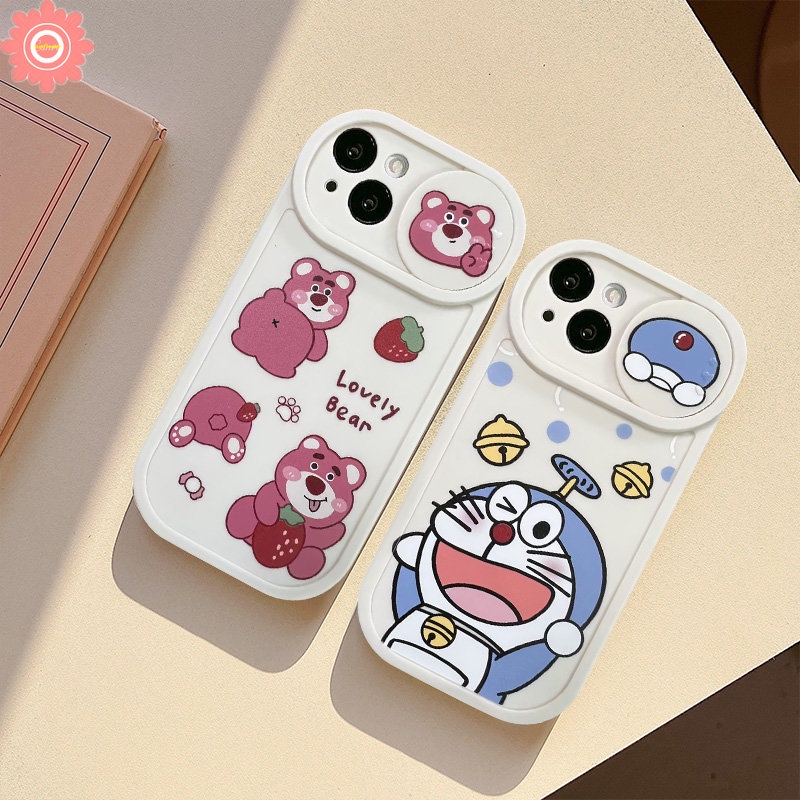 Strawberry Bear Lotso Cartoon Case Compatible for IPhone 11 7Plus XR 13 12 Pro Max 8Plus X XS Max Push Pull Window Lovely Doraemon Funny Dinosaur Camera Lens Protector Cover