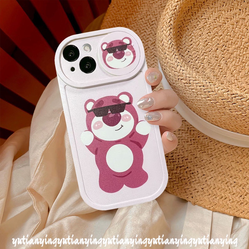 Cute Cartoon Strawberry Bear Lotso Push Pull Window Camera Lens Protector Case Compatible For iPhone 7Plus XR X XS Max 11 13 12 Pro Max 8Plus Funny Doraemon Cover