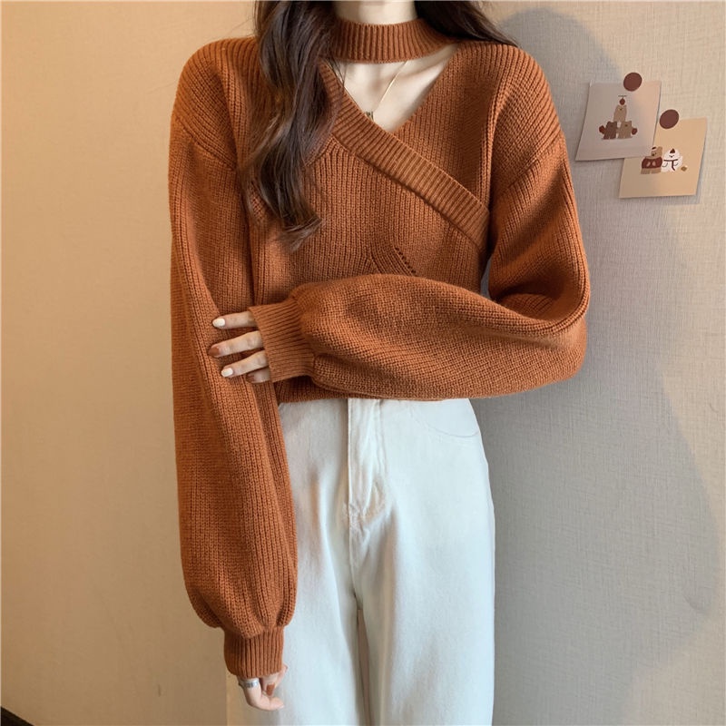 Sweater Oversize Wanita Polos Lengan Panjang Casual Halterneck Top