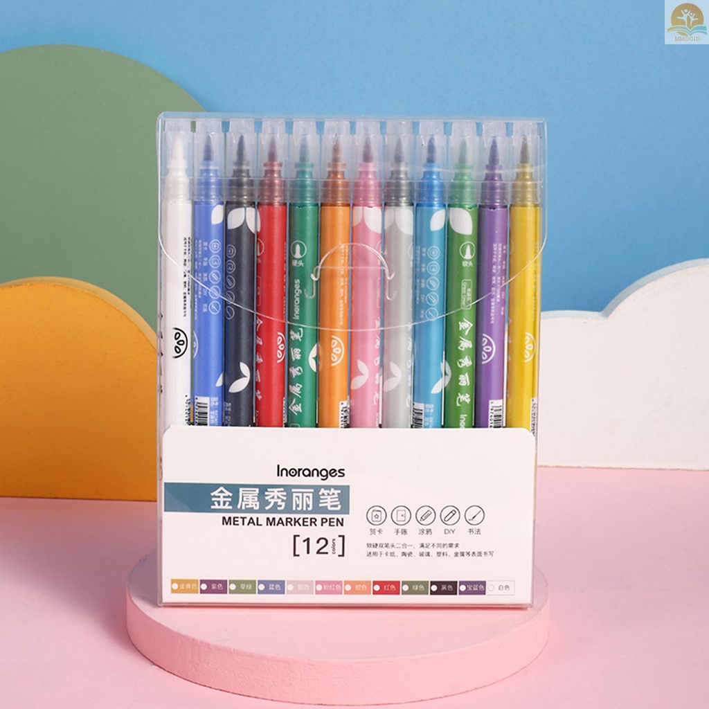 In Stock 12warna Spidol Metalik 1-2mm Brush Pen Spidol Untuk Mewarnai Tip Halus Warna Cerah Cepat Kering Tidak Beracun Untuk Artis Anak Dewasa Buku Pewarna Foto Scrapbooking Sto