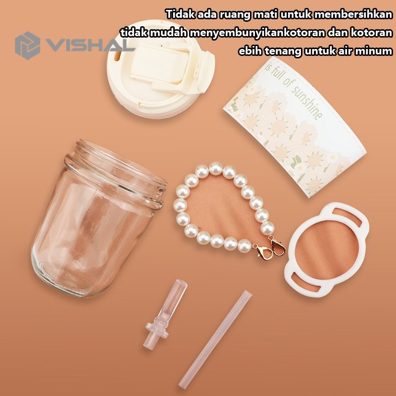VISHAL Botol Korea Sunflower Aesthetic Tali Mutiara / Botol Minum Kaca Motif Bunga Matahari Botol Travel Lucu Unik VS-345