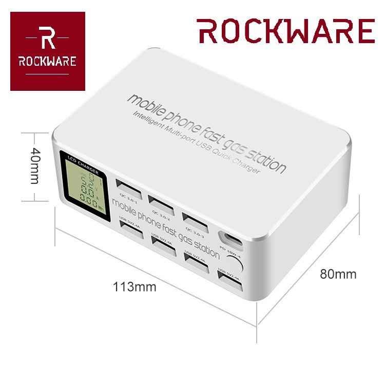 AKN88 - ROCKWARE 818D - 7 USB Port and 1 PD 18W Port Charging Station - 100W